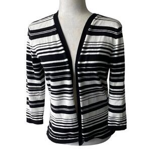 Talbots Womens Open Front Cardigan Black White Striped Sweater SZ M